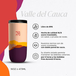 Termo de acero inoxidable "Valle del Cauca" para café, bebidas frías o calientes de 16 oz (473 ml)